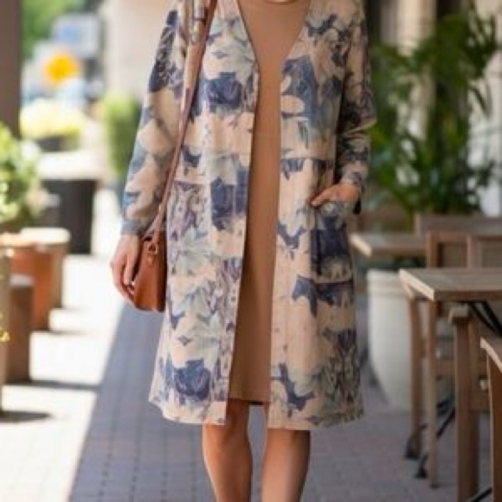 Solitaire Floral Printed Open Duster Coat with Pockets XL